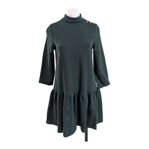 J.O.A Size Small Mock Neck Shift Dress Olive Green Drop Waist 3/4 Sleeves